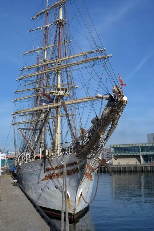 Sørlandet Tall Ship moored at quay, viewed from the dock
